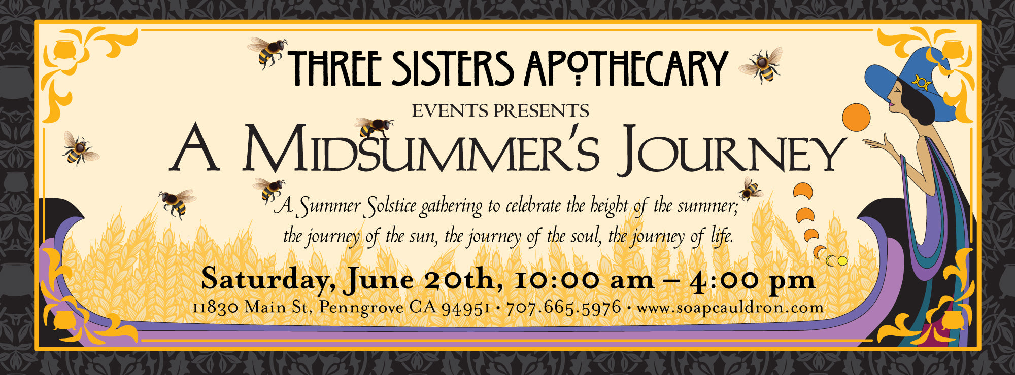 Promotional banner for 'A Midsummer's Journey' event at Three Sisters Apothecary on June 20th 2026